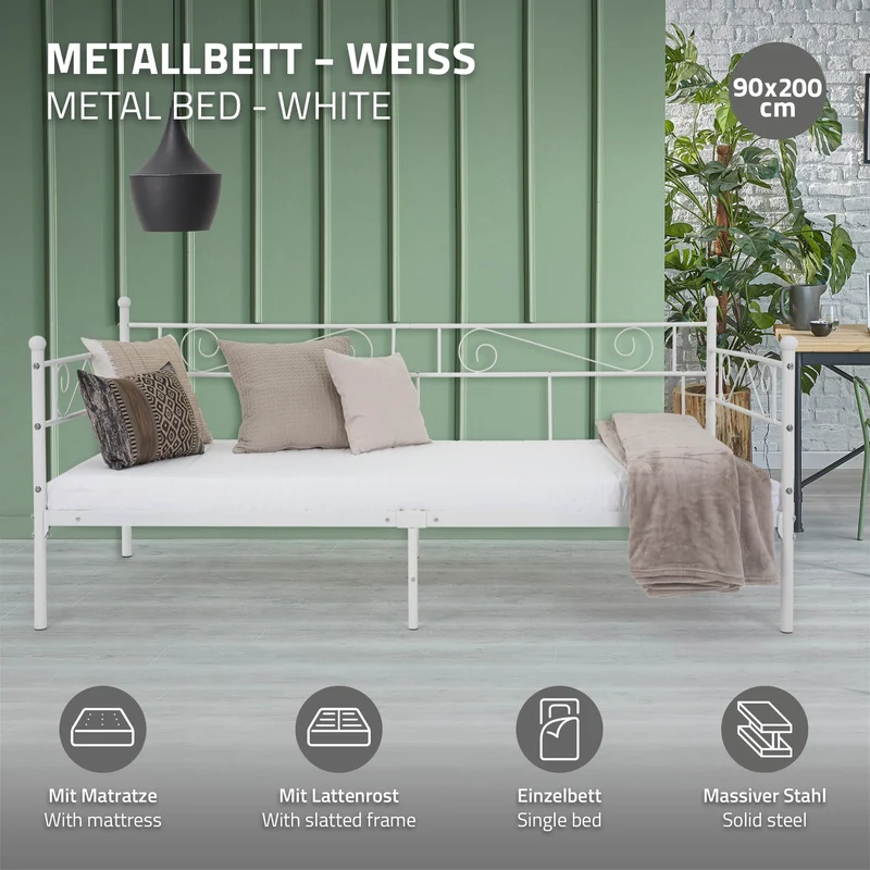Bettgestell Einzelbett 90x200cm aus Metall in Weiß mit Lattenrost, Seitenwand & Matratze H-16cm ML-Design