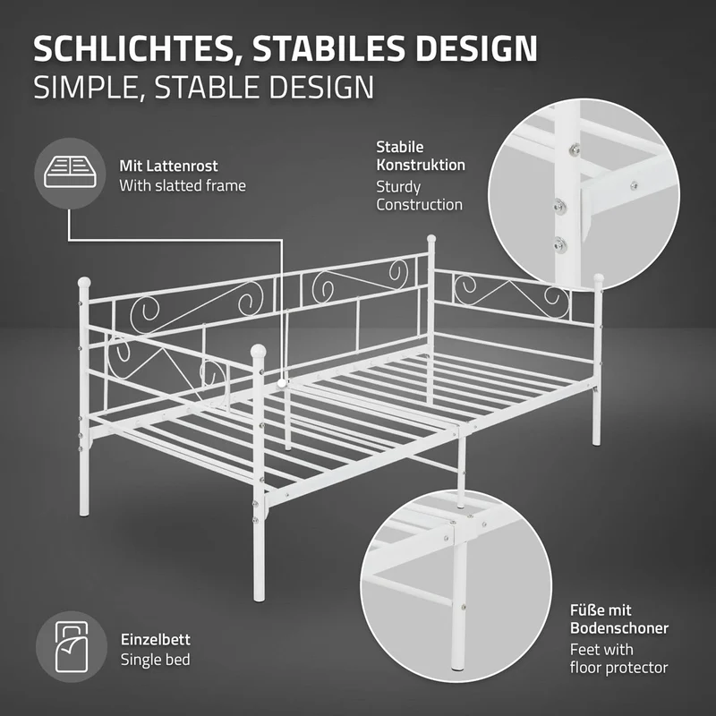 Bettgestell Einzelbett 90x200cm aus Metall in Weiß mit Lattenrost, Seitenwand & Matratze H-16cm ML-Design
