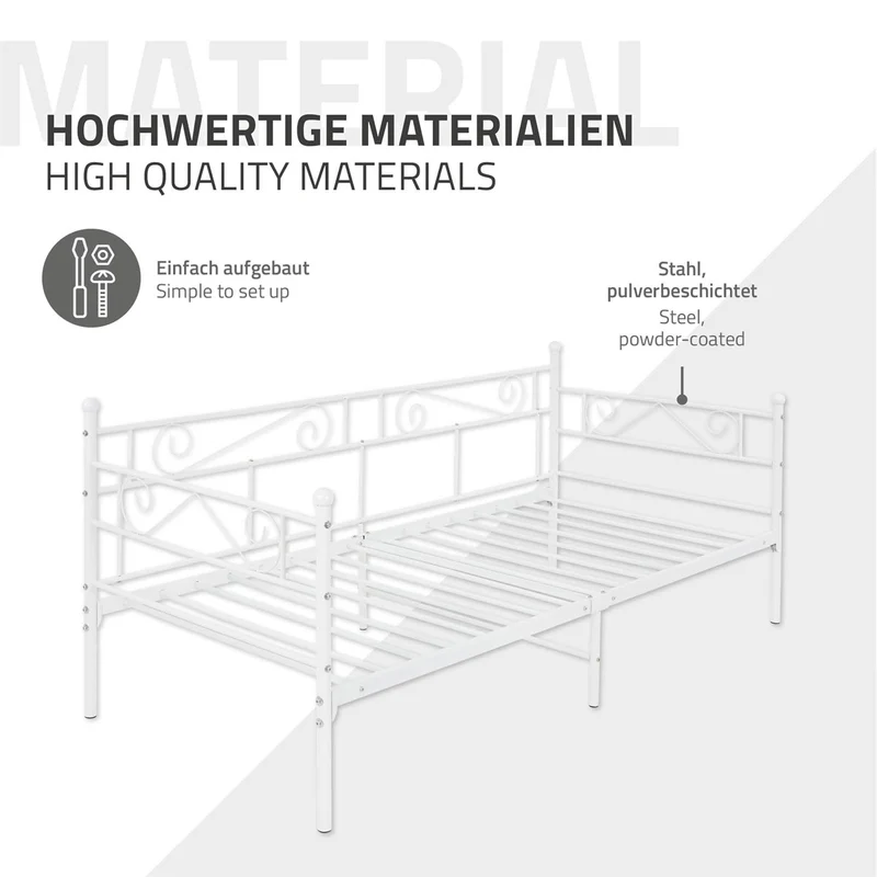 Bettgestell Einzelbett 90x200cm aus Metall in Weiß mit Lattenrost, Seitenwand & Matratze H-16cm ML-Design
