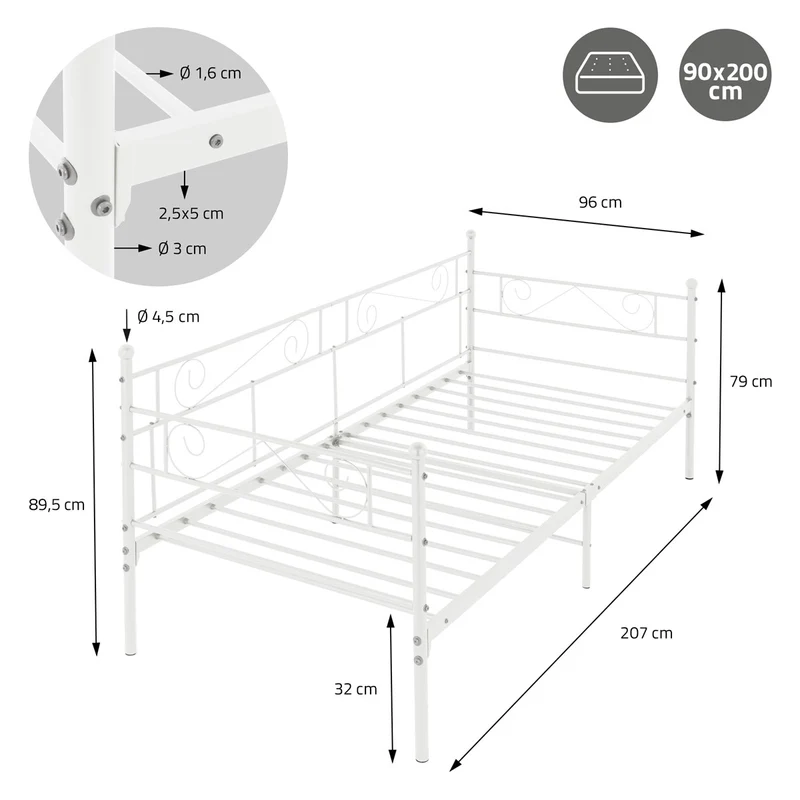 Bettgestell Einzelbett 90x200cm aus Metall in Weiß mit Lattenrost, Seitenwand & Matratze H-16cm ML-Design