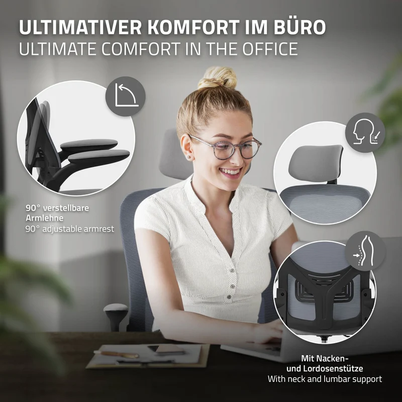 Ergonomischer Bürostuhl Grau Netzgewebe mit verstellbarer Kopfstütze und Rollen ML-Design