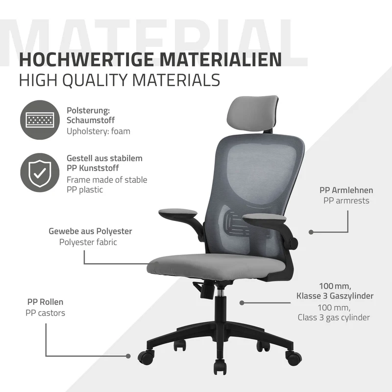 Ergonomischer Bürostuhl Grau Netzgewebe mit verstellbarer Kopfstütze und Rollen ML-Design