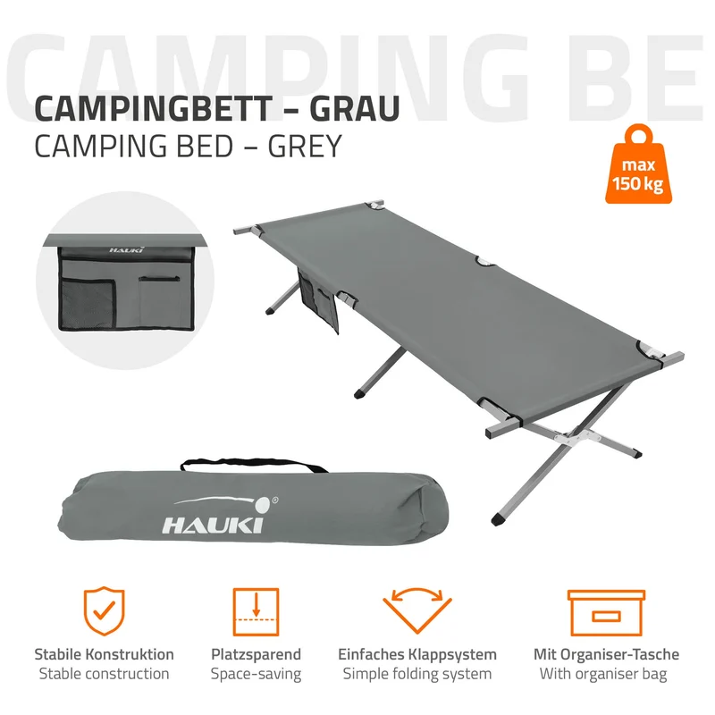 Campingbett Feldbett klappbar 210x83x46 cm Grau mit Tragetasche bis 150 kg HAUKI