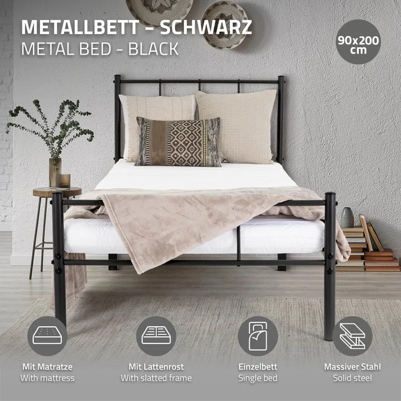 Bettgestell Einzelbett 90x200cm aus Metall in Schwarz mit Lattenrost & Matratze H-16cm ML-Design