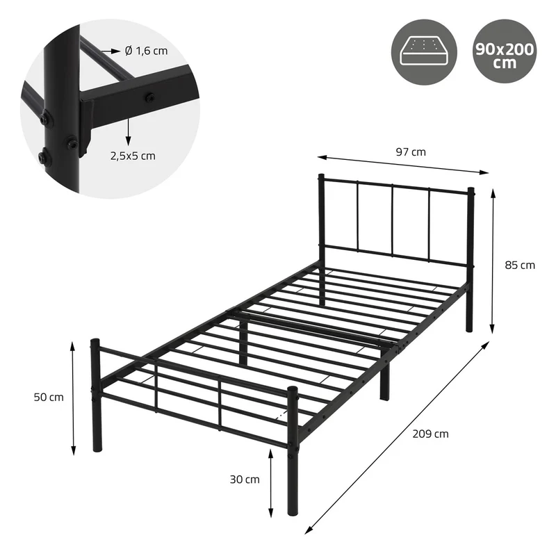 Bettgestell Einzelbett 90x200cm aus Metall in Schwarz mit Lattenrost & Matratze H-16cm ML-Design