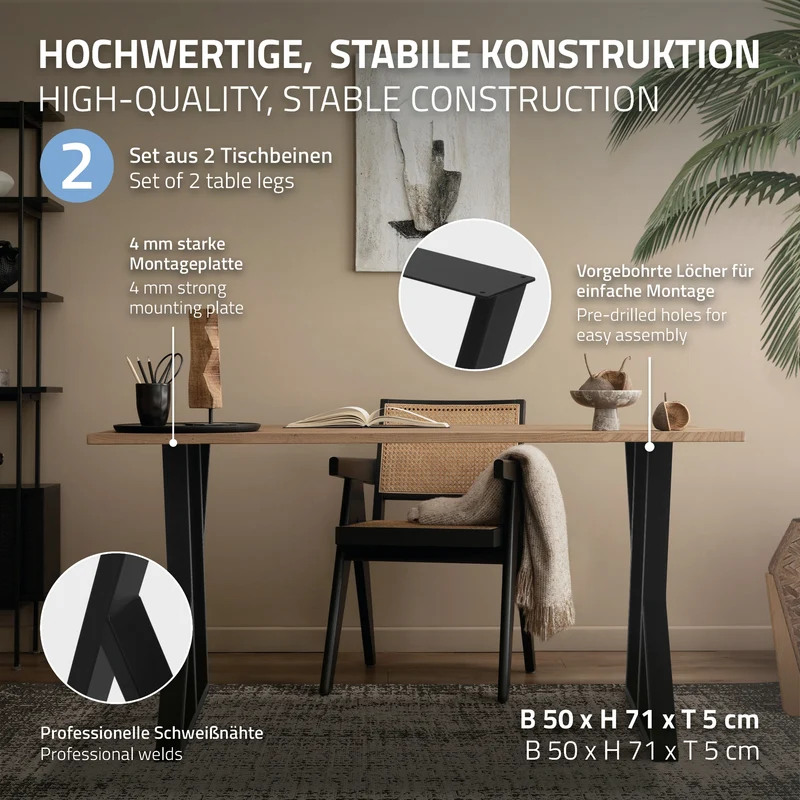 2 Stück Tischbeine B50xH71 cm Tischkufen X-Form Stahl pulverbeschichtet Schwarz ML-Design