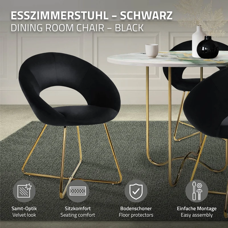 Esszimmerstuhl mit runder offener Rückenlehne Schwarz aus Samt mit goldenen Metallbeinen ML-Design