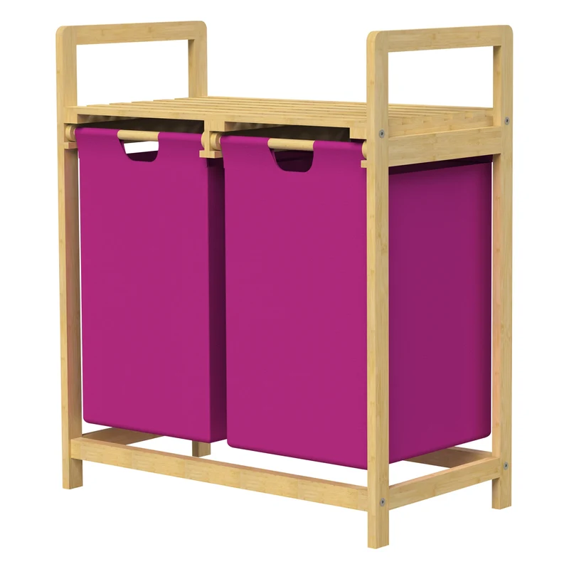 ML-DESIGN | Wäschekorb 2 Fächer 73x63x33 cm aus Bambus Magenta Wäschesammler 2x30L Wäschesortierer mit Ablage Wäschebox für Badezimmer/Waschküche