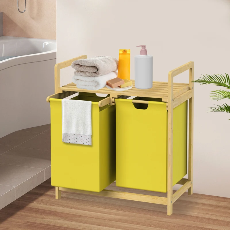 ML-DESIGN | Wäschekorb 2 Fächer 73x63x33 cm aus Bambus Gelb Wäschesammler 2x30L Wäschesortierer mit Ablage Wäschebox für Badezimmer/Waschküche