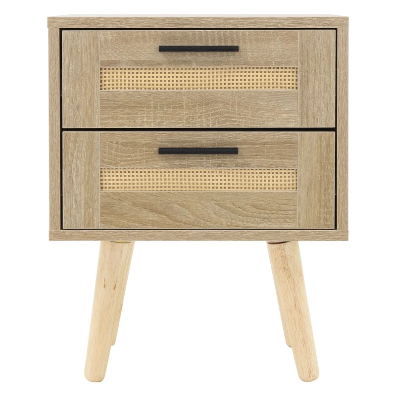 Nachttisch 40x50,5x30 cm Eiche-Optik Beistelltisch mit 2 Schubladen und Rattanfront & Massivholzfüßen ML-Design