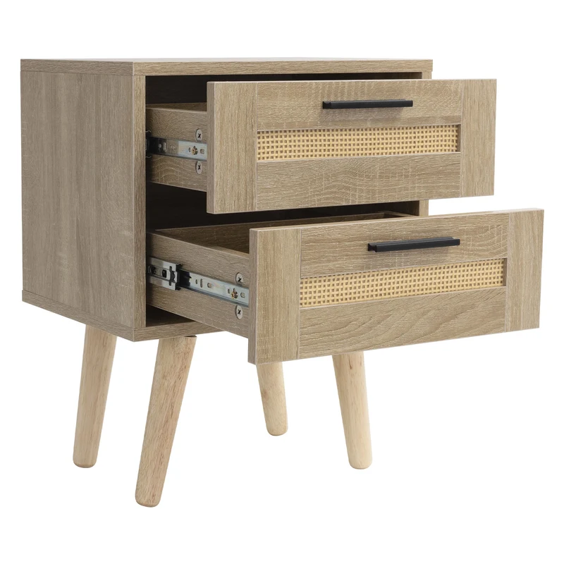 Nachttisch 40x50,5x30 cm Eiche-Optik Beistelltisch mit 2 Schubladen und Rattanfront & Massivholzfüßen ML-Design