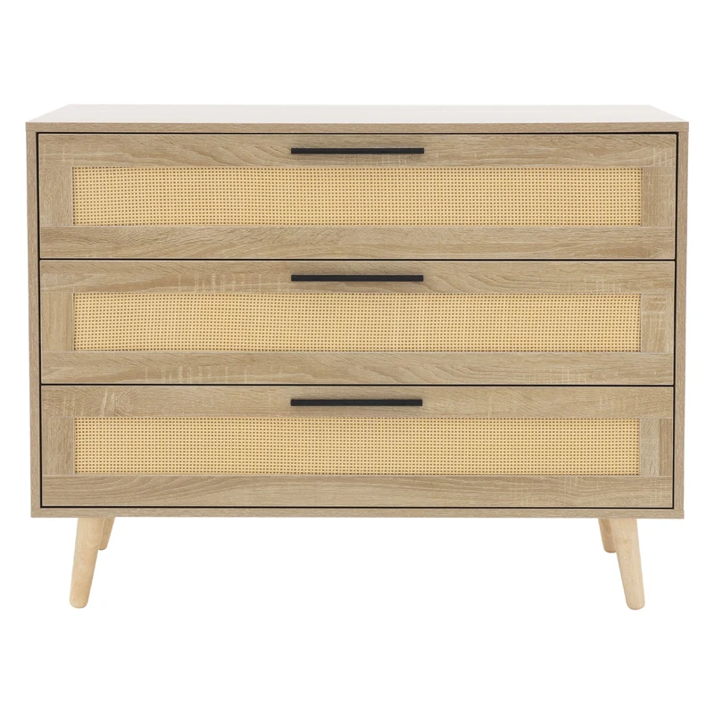 Kommode Sideboard mit 3 Schubladen 100x77x40 cm Eiche-Optik mit Rattanfront und Massivholzfüßen ML-Design