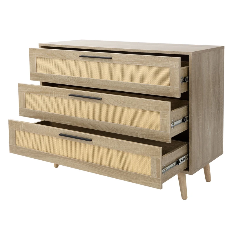 Kommode Sideboard mit 3 Schubladen 100x77x40 cm Eiche-Optik mit Rattanfront und Massivholzfüßen ML-Design