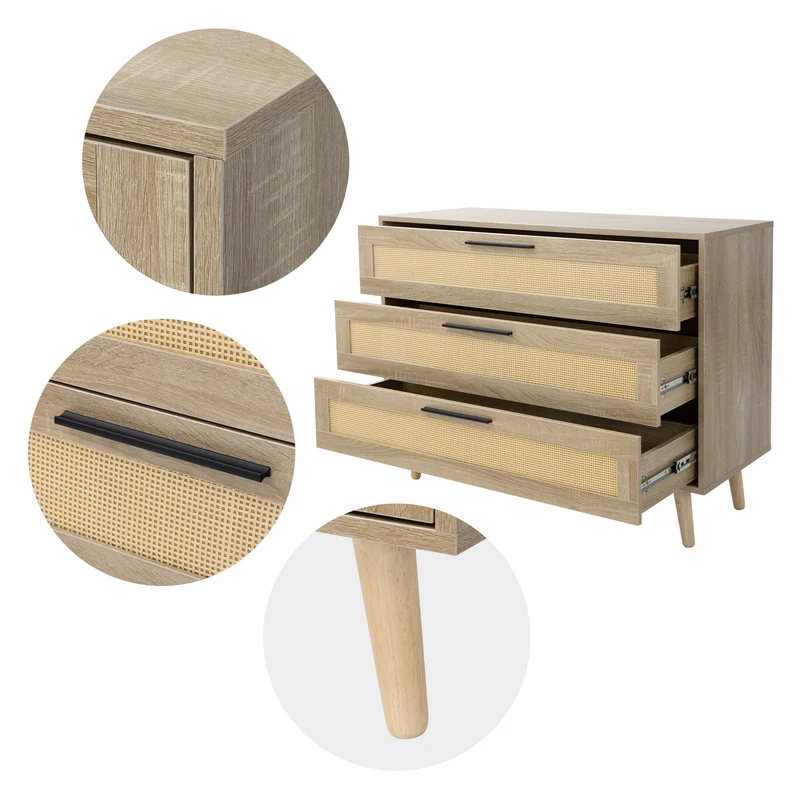 Kommode Sideboard mit 3 Schubladen 100x77x40 cm Eiche-Optik mit Rattanfront und Massivholzfüßen ML-Design