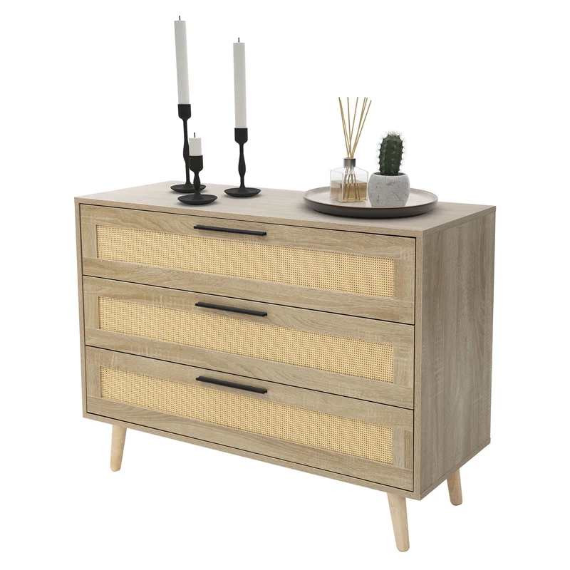 Kommode Sideboard mit 3 Schubladen 100x77x40 cm Eiche-Optik mit Rattanfront und Massivholzfüßen ML-Design