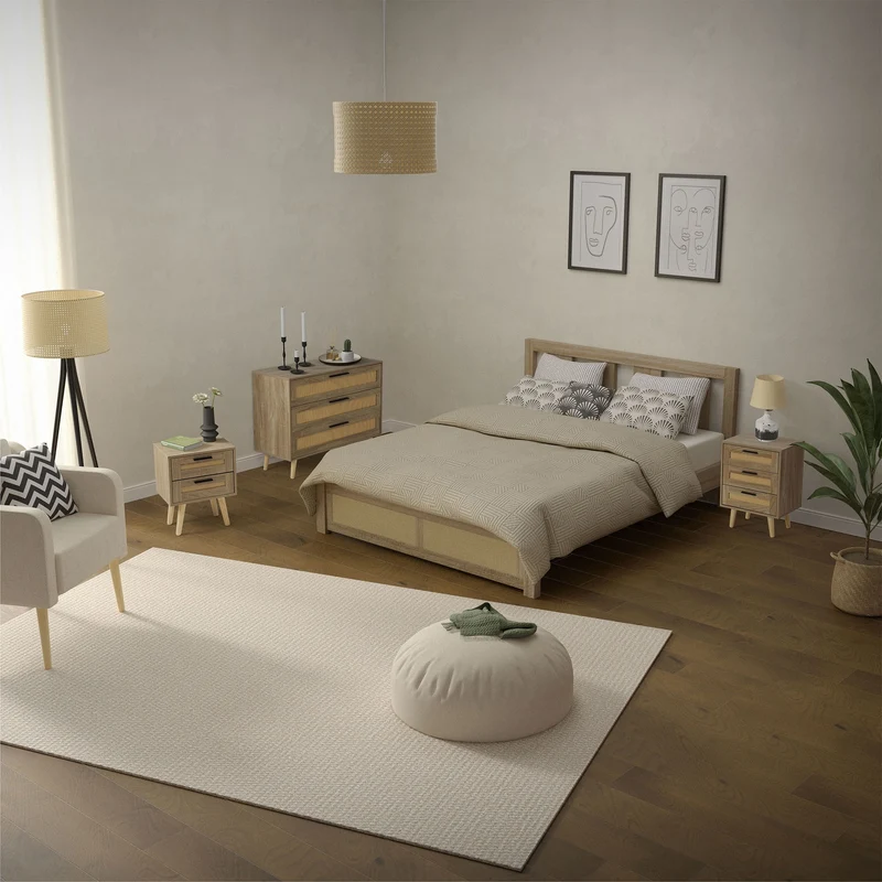 Kommode Sideboard mit 3 Schubladen 100x77x40 cm Eiche-Optik mit Rattanfront und Massivholzfüßen ML-Design