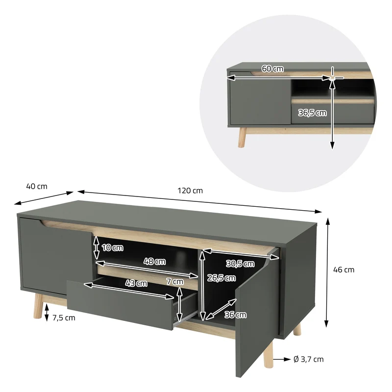 TV Lowboard Fernsehschrank 120x40 cm in mattgrün aus MDF & Kiefernholz ML-Design