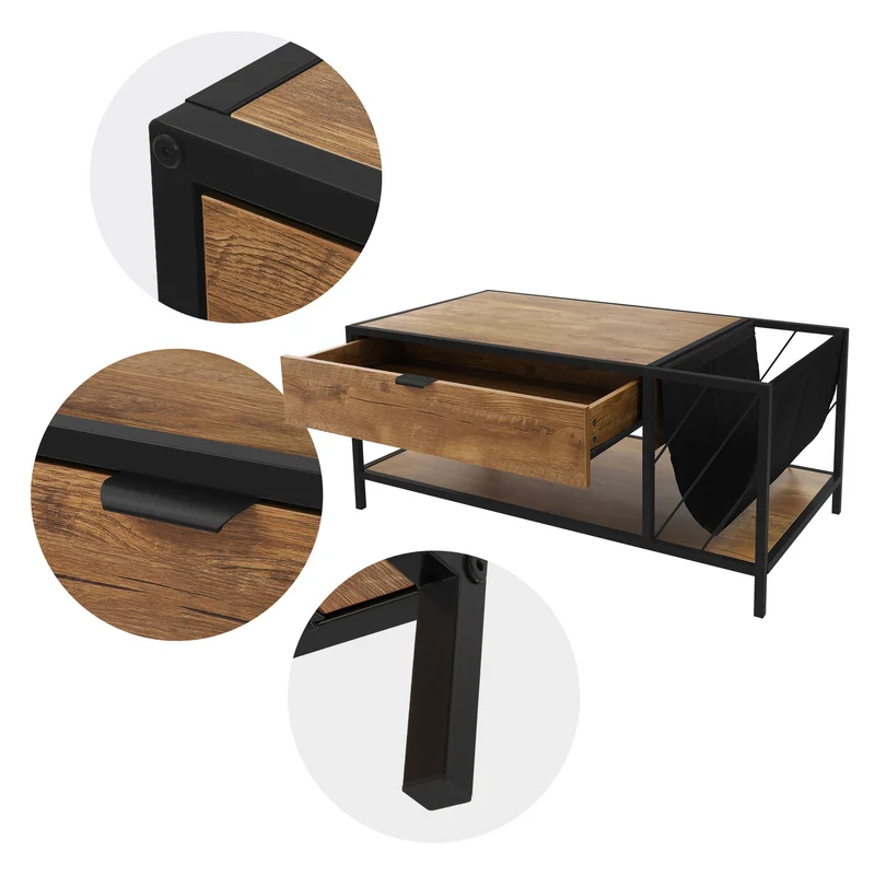 Couchtisch 100x54 cm mit Zeitschriftenfach Eiche Optik Braun Schwarz Wohnzimmertisch ML-Design