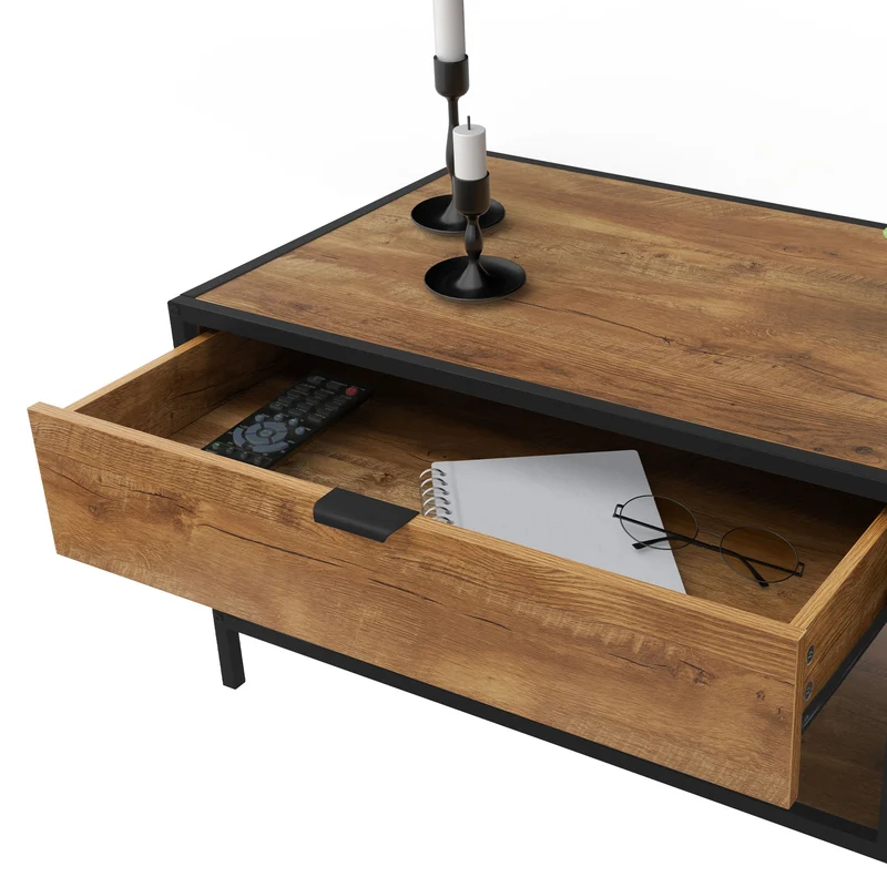 Couchtisch 100x54 cm mit Zeitschriftenfach Eiche Optik Braun Schwarz Wohnzimmertisch ML-Design