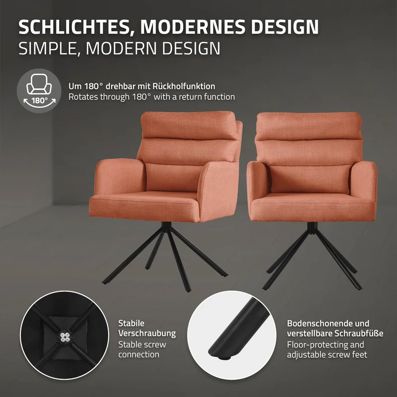 Esszimmerstuhl 2er Set Orange drehbar mit abnehmbaren Rückenkissen gepolstert bis 120 Kilogramm ML-Design