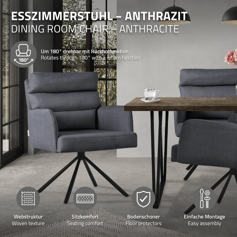 Esszimmerstuhl Anthrazit drehbar mit abnehmbaren Rückenkissen gepolstert bis 120 Kilogramm ML-Design