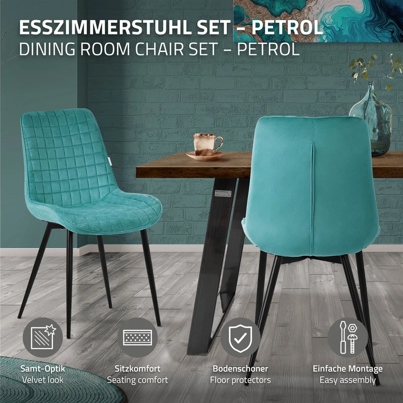 Esszimmerstuhl 4er Set Petrol mit Samtbezug und Stahlbeinen Küchenstuhl mit Rückenlehne ML-Design
