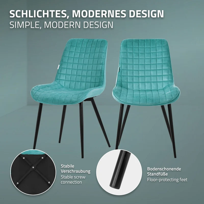 Esszimmerstuhl 4er Set Petrol mit Samtbezug und Stahlbeinen Küchenstuhl mit Rückenlehne ML-Design