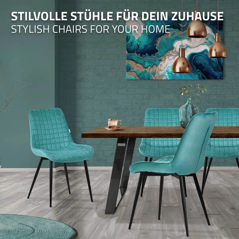 Esszimmerstuhl 4er Set Petrol mit Samtbezug und Stahlbeinen Küchenstuhl mit Rückenlehne ML-Design