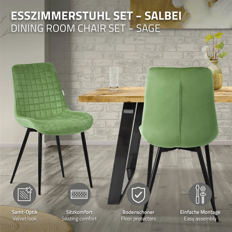 Esszimmerstuhl 6er Set Salbei mit Samtbezug und Stahlbeinen Küchenstuhl mit Rückenlehne ML-Design