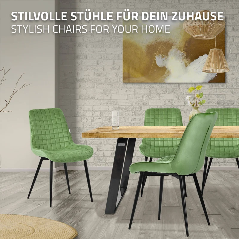 Esszimmerstuhl 6er Set Salbei mit Samtbezug und Stahlbeinen Küchenstuhl mit Rückenlehne ML-Design