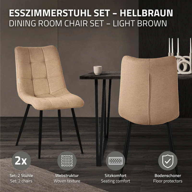 Esszimmerstühle 2er Set Hellbraun Küchenstuhl mit Polyesterbezug und Stahlbeinen ML-Design