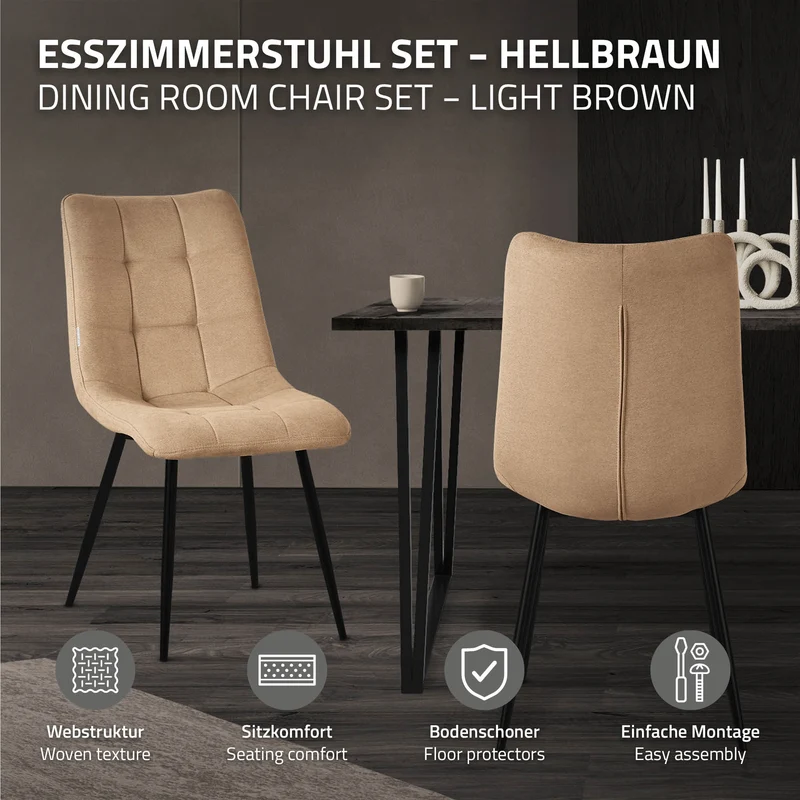 Esszimmerstühle 2er Set Hellbraun Küchenstuhl mit Polyesterbezug und Stahlbeinen ML-Design