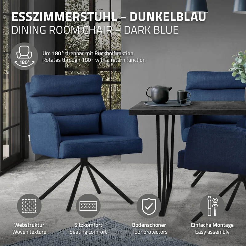 Esszimmerstuhl 6er Set Dunkelblau drehbar mit abnehmbaren Rückenkissen gepolstert bis 120 Kilogramm