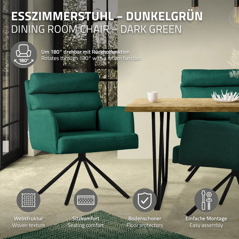 Esszimmerstuhl 6er Set Dunkelgrün drehbar mit abnehmbaren Rückenkissen gepolstert bis 120 Kilogramm ML-Design