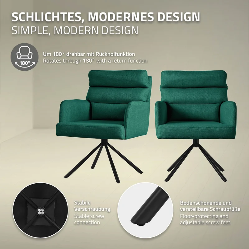 Esszimmerstuhl 6er Set Dunkelgrün drehbar mit abnehmbaren Rückenkissen gepolstert bis 120 Kilogramm ML-Design