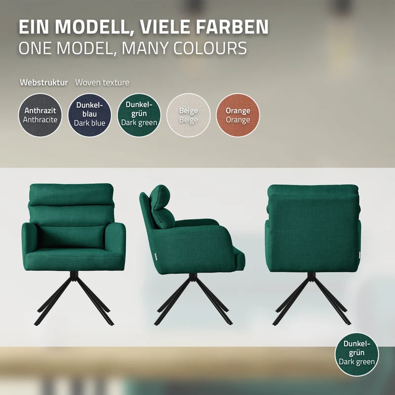Esszimmerstuhl 6er Set Dunkelgrün drehbar mit abnehmbaren Rückenkissen gepolstert bis 120 Kilogramm ML-Design