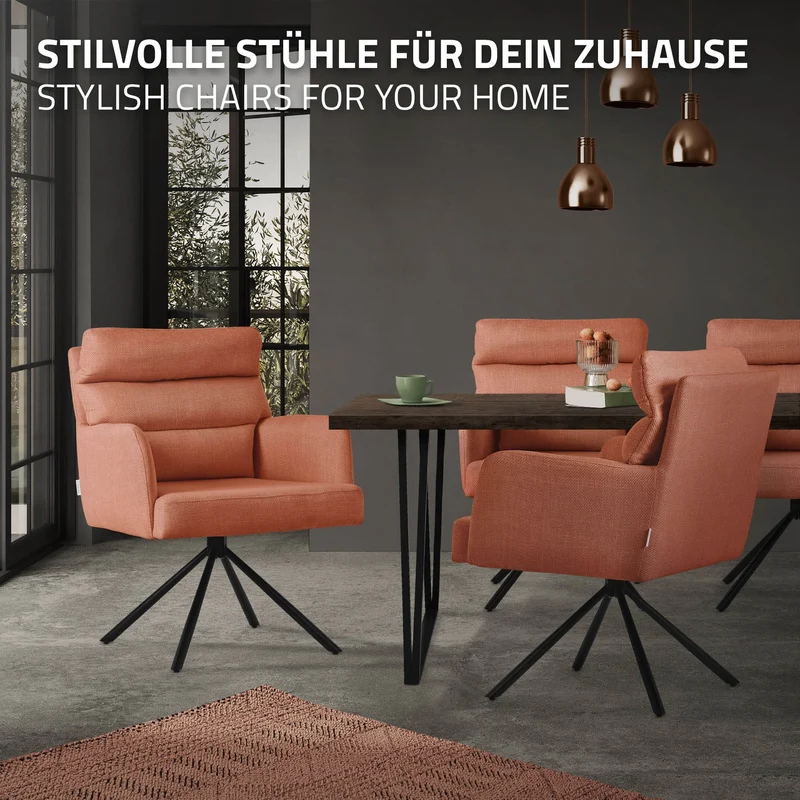 Esszimmerstuhl 6er Set Orange drehbar mit abnehmbaren Rückenkissen gepolstert bis 120 Kilogramm ML-Design