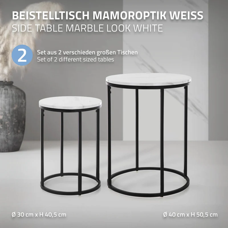 Beistelltisch 2er Set, 30cm & 40cm Ø Schwarz/Weiß aus Metall und Holz in Marmoroptik ML-Design