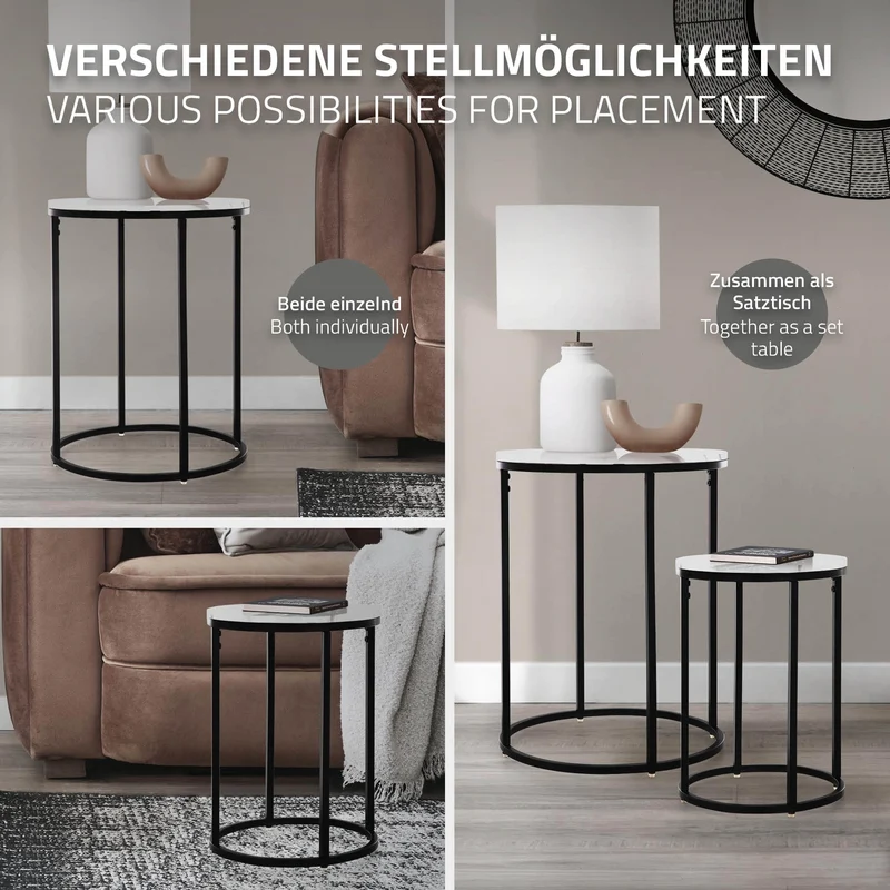 Beistelltisch 2er Set, 30cm & 40cm Ø Schwarz/Weiß aus Metall und Holz in Marmoroptik ML-Design