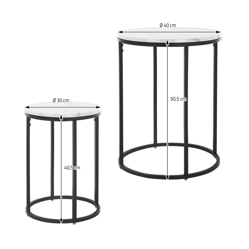 Beistelltisch 2er Set, 30cm & 40cm Ø Schwarz/Weiß aus Metall und Holz in Marmoroptik ML-Design