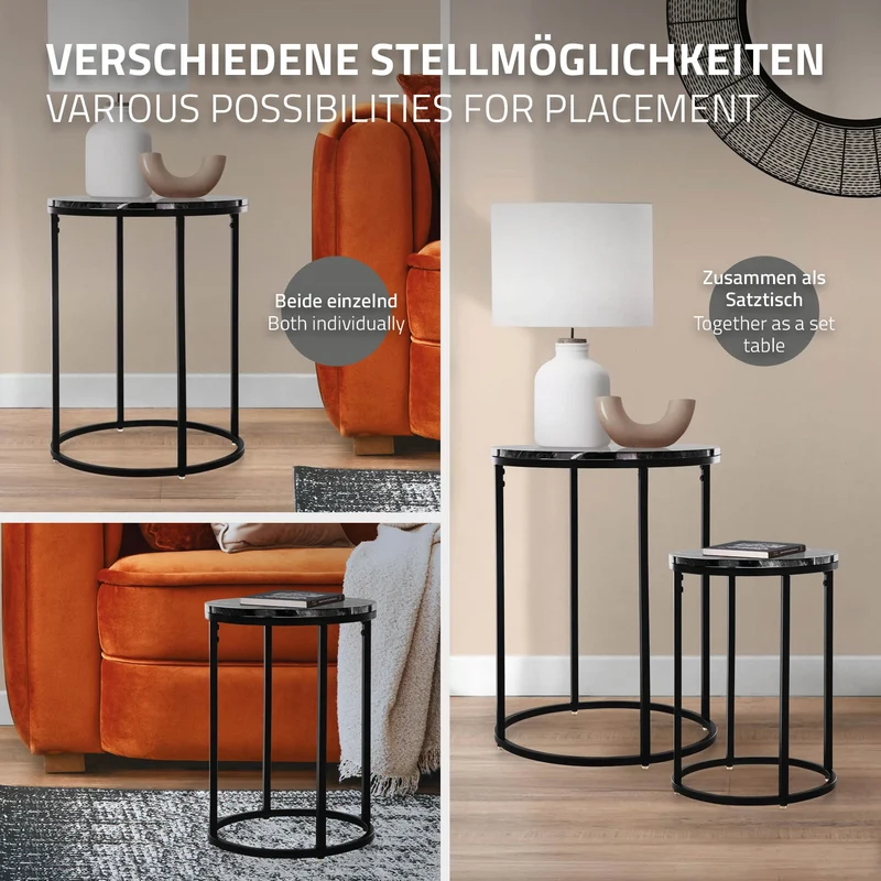 Beistelltisch 2er Set, 30cm & 40cm Ø Schwarz aus Metall und Holz in Marmoroptik ML-Design