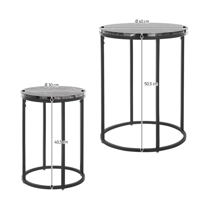 Beistelltisch 2er Set, 30cm & 40cm Ø Schwarz aus Metall und Holz in Marmoroptik ML-Design