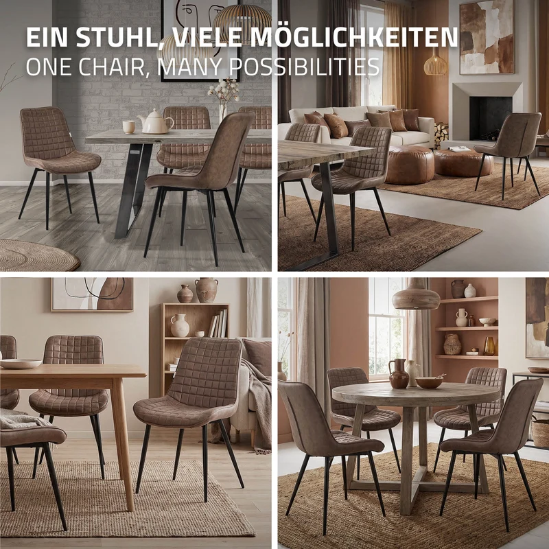 Esszimmerstuhl 6er Set Braun mit Kunstlederbezug und Stahlbeinen Küchenstuhl mit Rückenlehne ML-Design