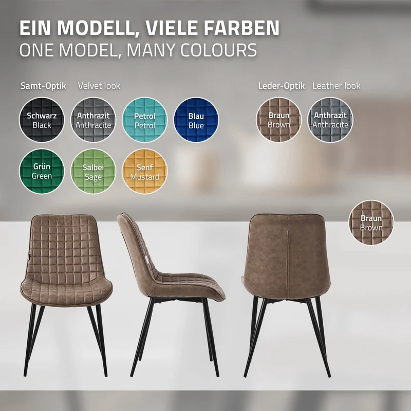 Esszimmerstuhl 6er Set Braun mit Kunstlederbezug und Stahlbeinen Küchenstuhl mit Rückenlehne ML-Design