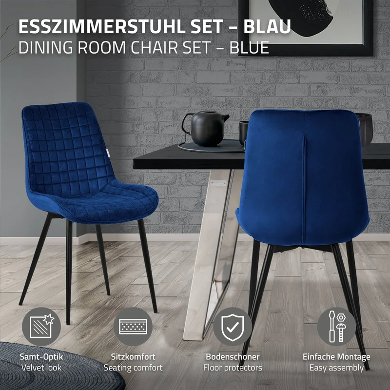 Esszimmerstuhl 6er Set Dunkelblau mit Samtbezug und Stahlbeinen Küchenstuhl mit Rückenlehne ML-Design