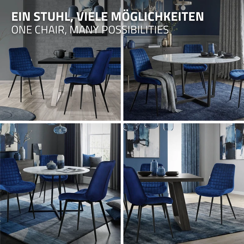 Esszimmerstuhl 6er Set Dunkelblau mit Samtbezug und Stahlbeinen Küchenstuhl mit Rückenlehne ML-Design