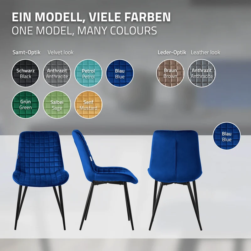 Esszimmerstuhl 6er Set Dunkelblau mit Samtbezug und Stahlbeinen Küchenstuhl mit Rückenlehne ML-Design