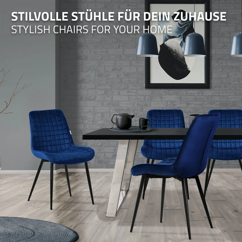 Esszimmerstuhl 4er Set Dunkelblau mit Samtbezug und Stahlbeinen Küchenstuhl mit Rückenlehne ML-Design