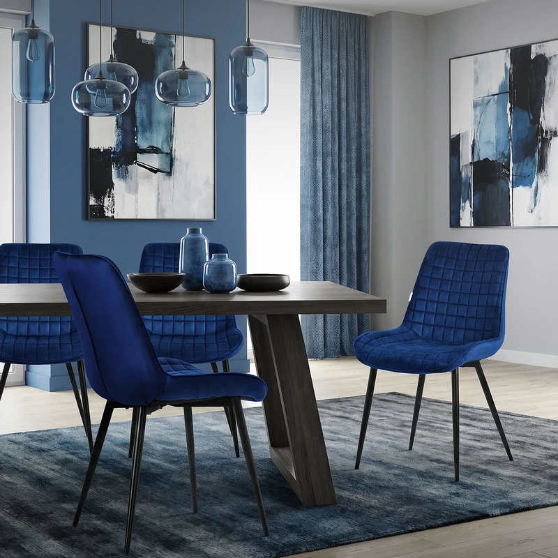 Esszimmerstuhl 4er Set Dunkelblau mit Samtbezug und Stahlbeinen Küchenstuhl mit Rückenlehne ML-Design