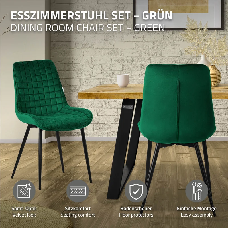 Esszimmerstuhl 6er Set Dunkelgrün mit Samtbezug und Stahlbeinen Küchenstuhl mit Rückenlehne ML-Design